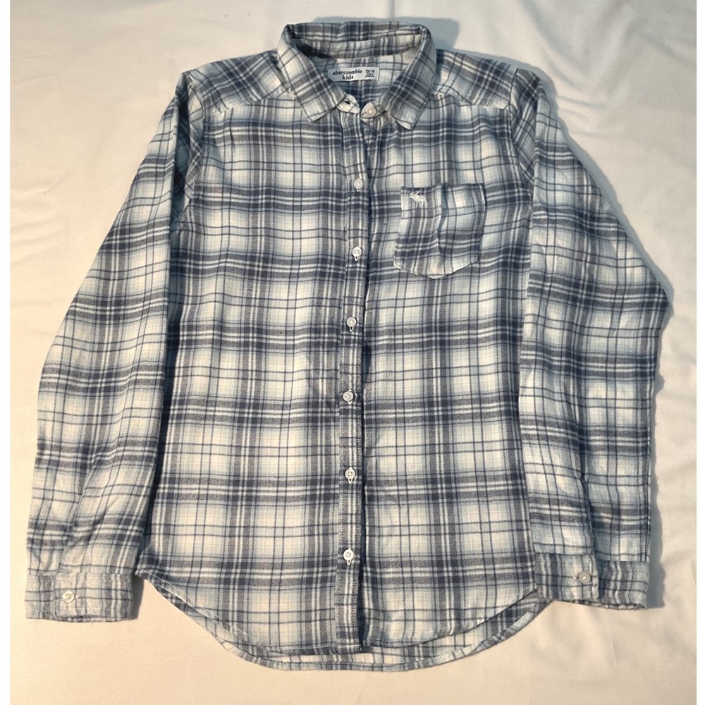 Abercrombie Kids Blue White Plaid Flannel Button Down Shirt Size 13/14 Moose